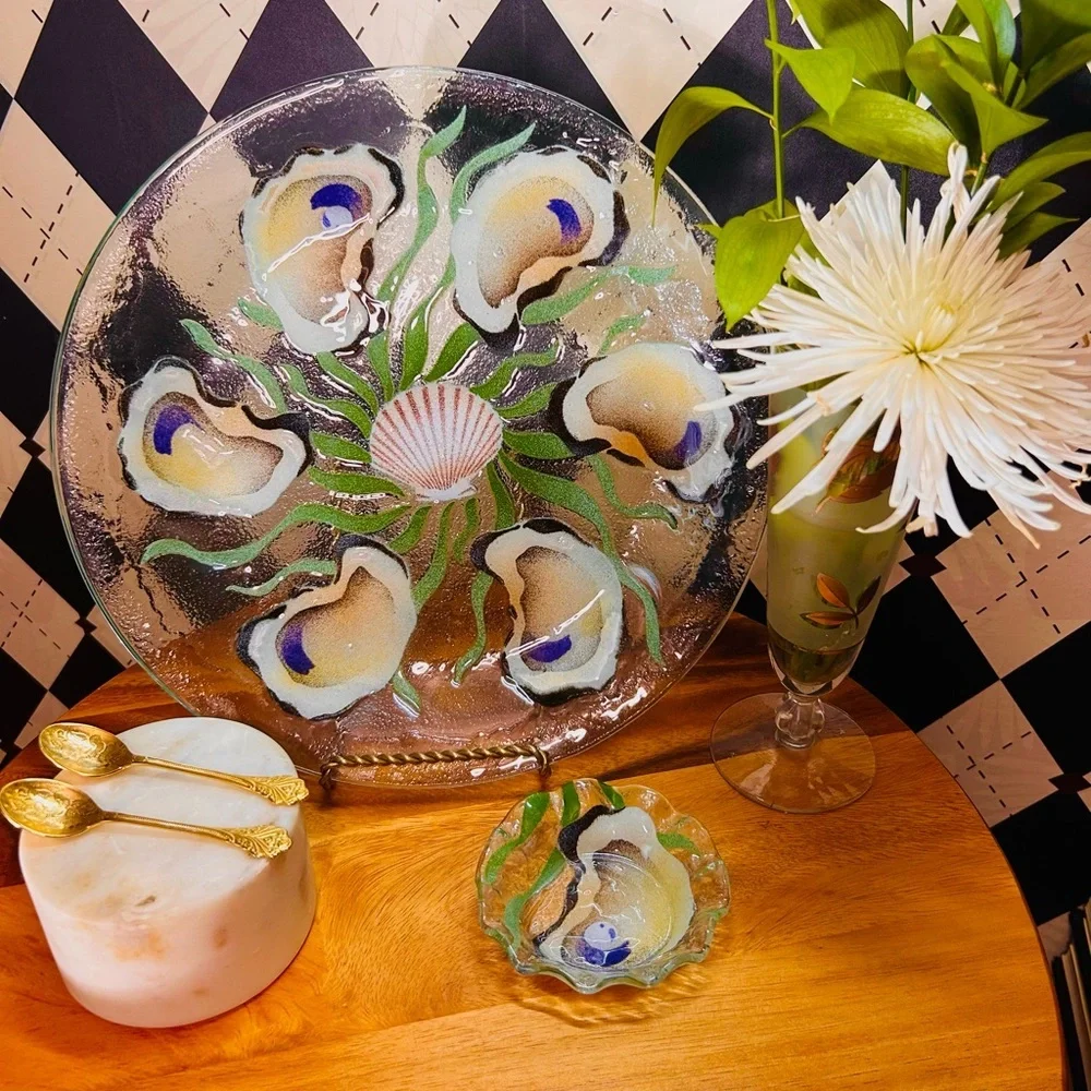 Oyster Shell Motif Fused Glass Platter & Bowl Set — Iridescent Coastal Art Glass - Picture 16 of 16